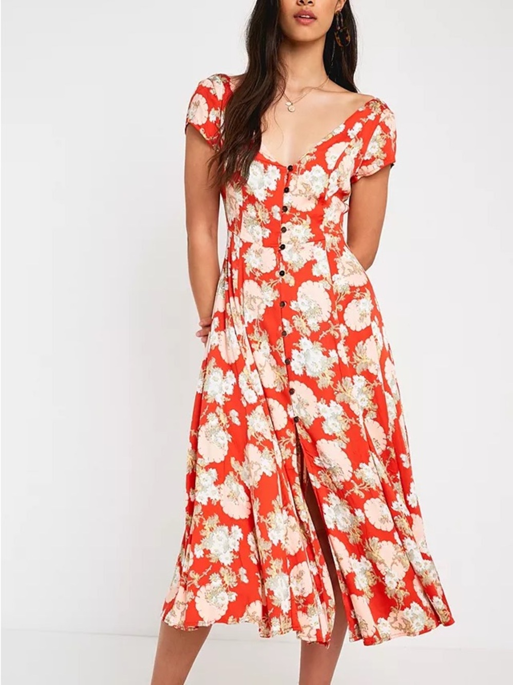 Urban Outfitters Malena Floral Button-Front Midi Dress in Red